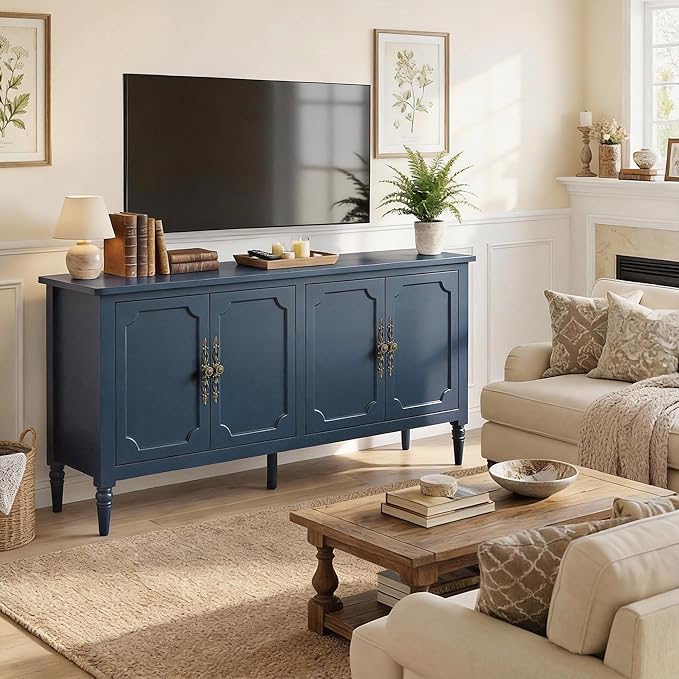 RoyalCraft 59" Buffet Cabinet with Storage, Vintage Sideboard with Adjustable Shelves & Carved Handle, Mid Century Modern Painted Credenza Coffee Bar for Kitchen, Dining Room, Navy Blue