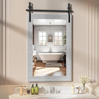 Hasipu Farmhouse Bathroom Mirror, 24"x36" Rustic Wood Framed Wall Mounted Mirror, Gray Vintage Vanity Mirror Barn Door Style Decrative Mirrors