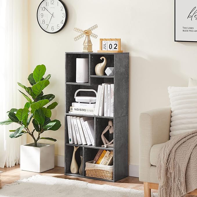 VECELO 42" Contemporary Bookshelf, 7 Cube Organizer Bookcase,Fits Tallest Hardcovers, Horizontal Available,Floor Standing Display,Easy Assembly, Modern Gray
