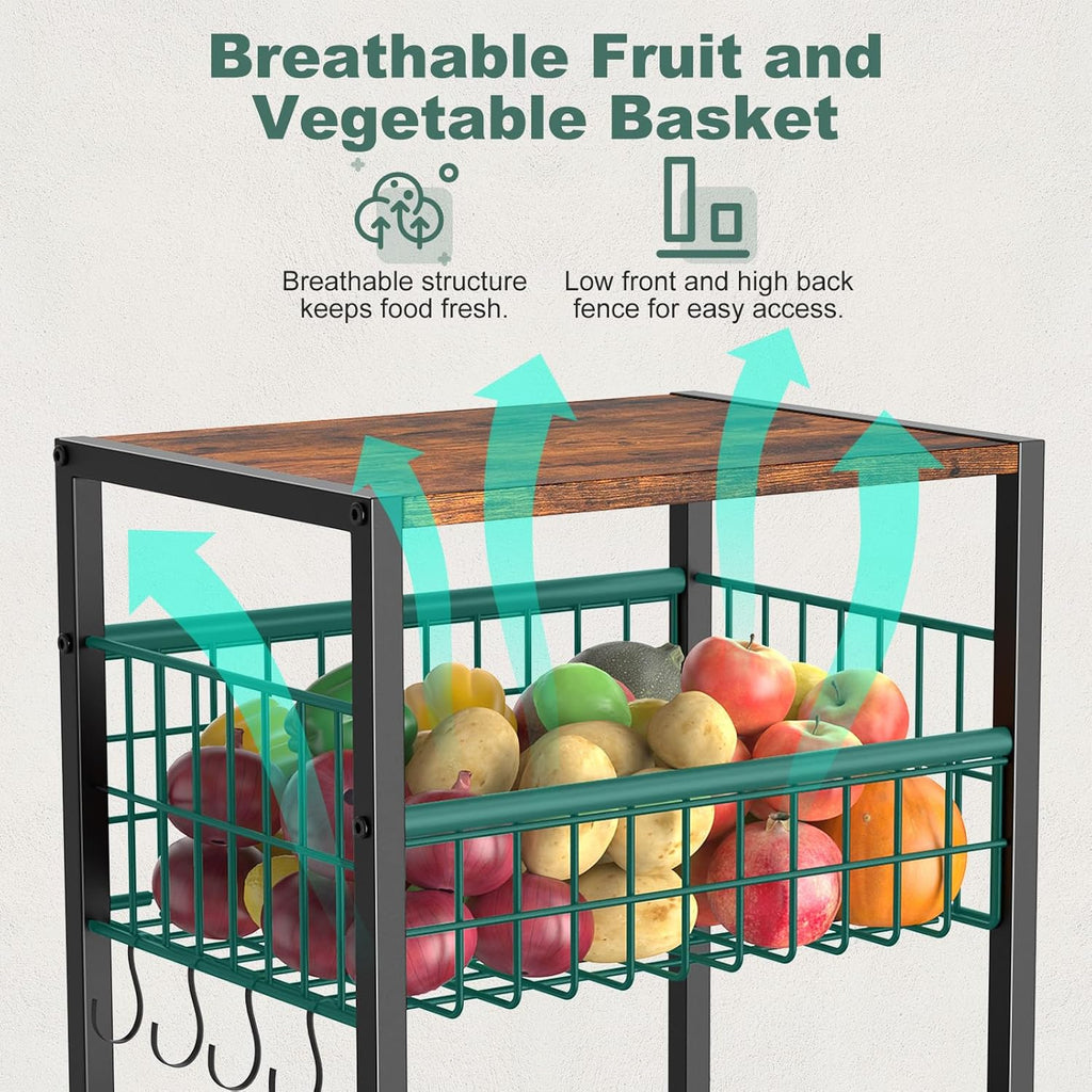 Housolution 5 Tier Kitchen Rolling Cart, Storage Cart with Metal Fruit Vegetable Basket and Pull-Out Pot Lid Cutting Board Organizer, Storage Rack with Wooden Top for Kitchen, Pantry, Bathroom