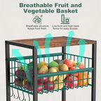 Housolution 5 Tier Kitchen Rolling Cart, Storage Cart with Metal Fruit Vegetable Basket and Pull-Out Pot Lid Cutting Board Organizer, Storage Rack with Wooden Top for Kitchen, Pantry, Bathroom
