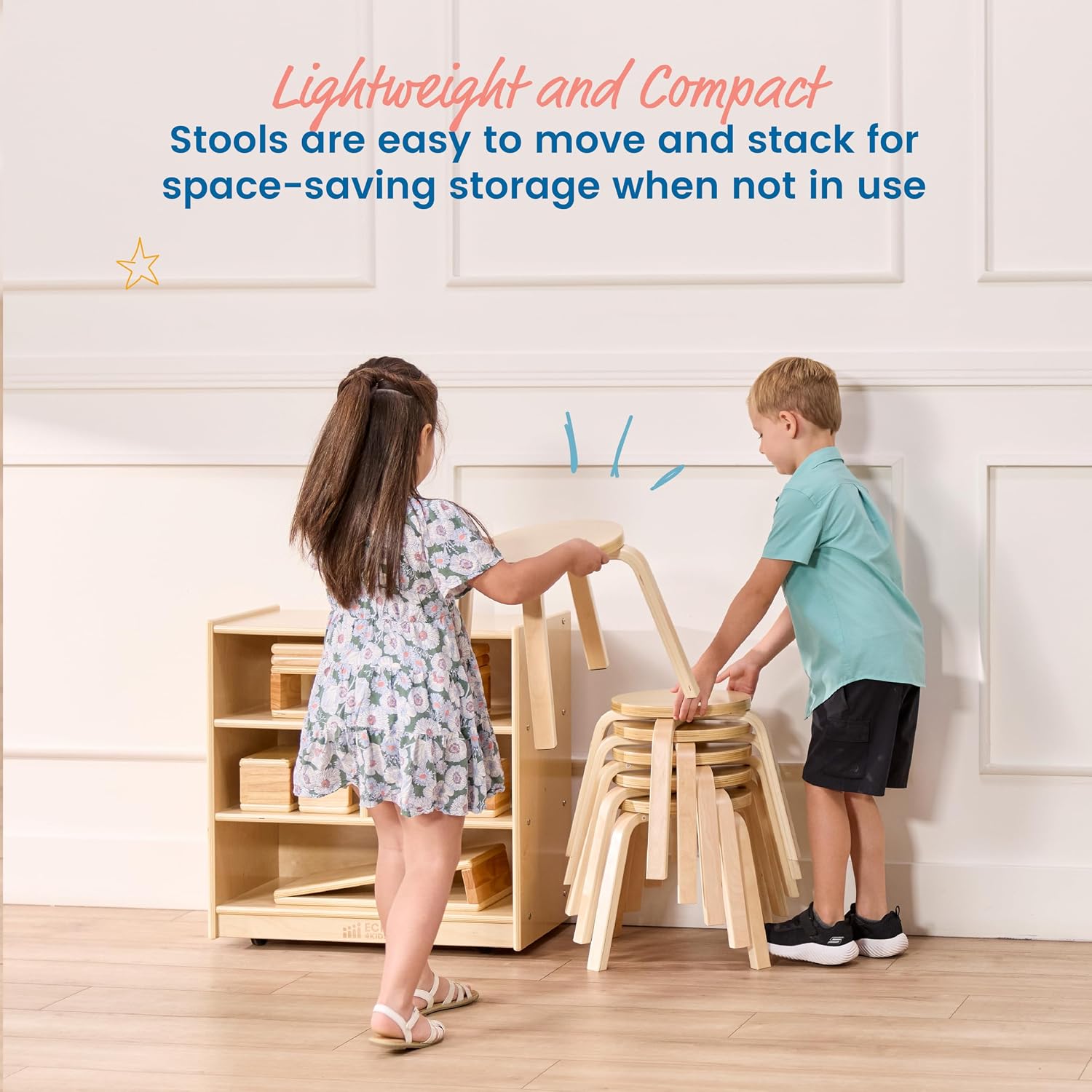 ECR4Kids Bentwood Stackable Stools, 12in Seat Height, Classroom Furniture, Natural, 6-Piece