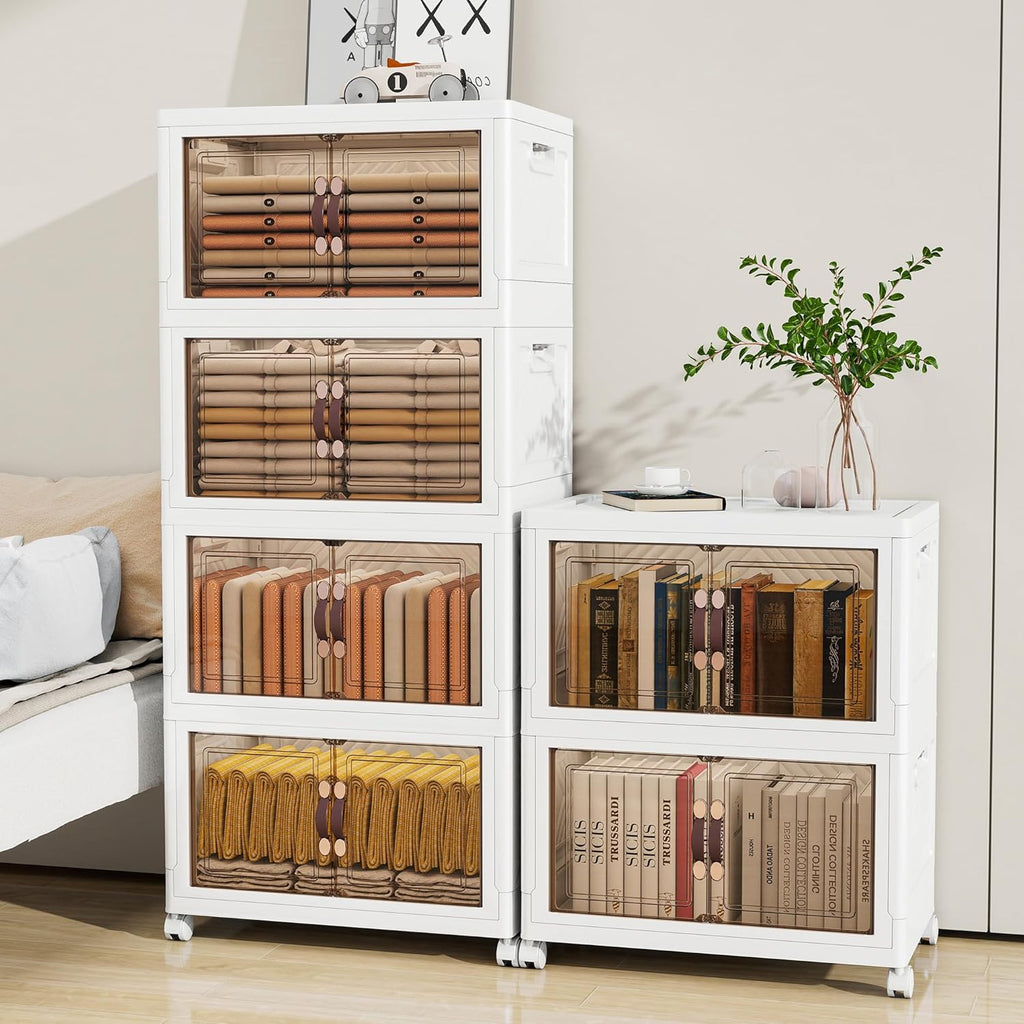 Storage Bins with 2 Lids and Wheels, Collapsible Bathroom Storage Cabinet with Clear Doors, Plastic Stackable Closet Organizers and Storage Containers White 597 QT