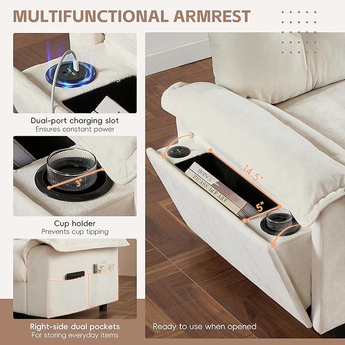Ball & Cast Modular L Shaped Sectional Sofa with Movable Storage Ottoman and Dual-Port Charging,4 Seater Comfy Cloud Couch W/Side Storage Pockets & Cup Holder,for Living Room,Apartment,Beige,104"