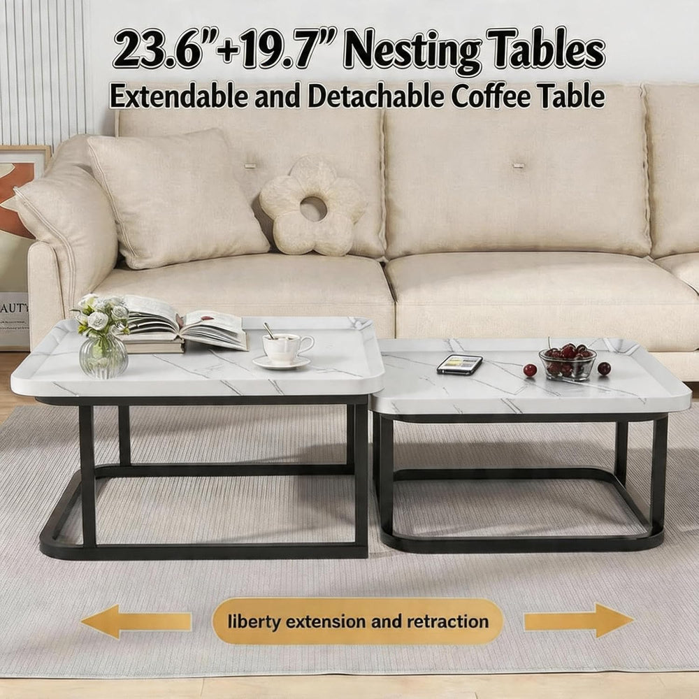 Set of 2 Nesting Coffee Tables, Space‑Saving Square Side Table Set, White | S...