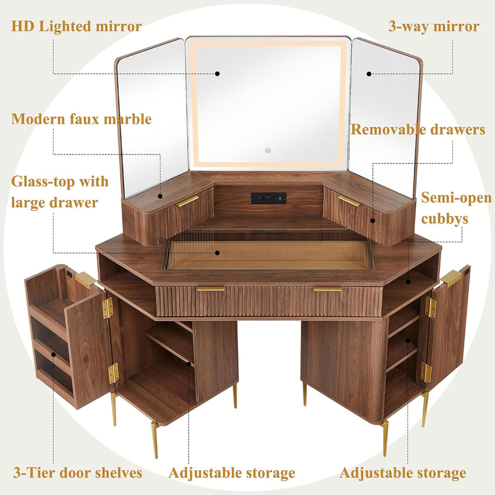T4TREAM 48" Corner Makeup Vanity with Lighted Triple Mirror, Light Walnu...