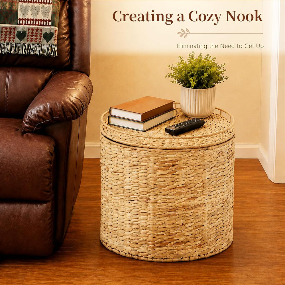 Round Water Hyacinth Storage Ottoman with Lid | Handwoven Water Hyacinth Foot...