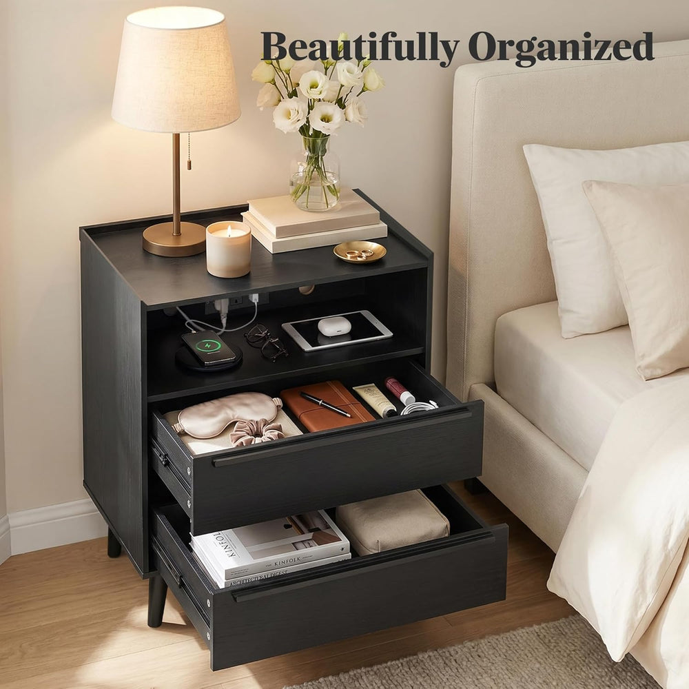 26 Inch Tall Black Oak Nightstands Set of 2 with Charging Station | Matching ...