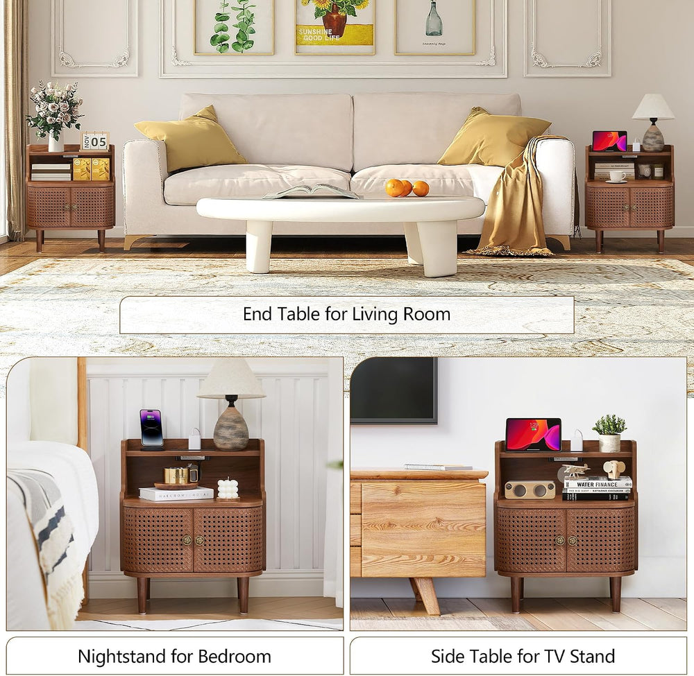 Metal Rattan End Table with Charging Station, Mid Century Modern Nightstand w...
