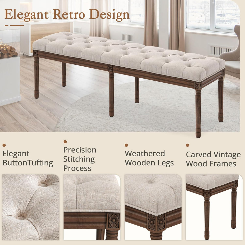 LUE BONA 60" Fabric End of Bed Bench, Upholstered Tufted French Bedroom ...