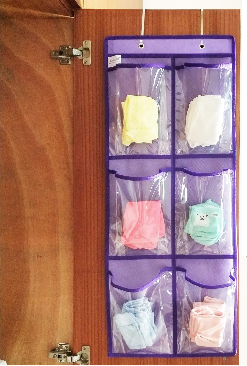 Over The Door Hanging Shoe Organizer Narrow Closet Door Shoe Storage 6 Large Clear Pockets Chart 2 Pack (PURPLE)