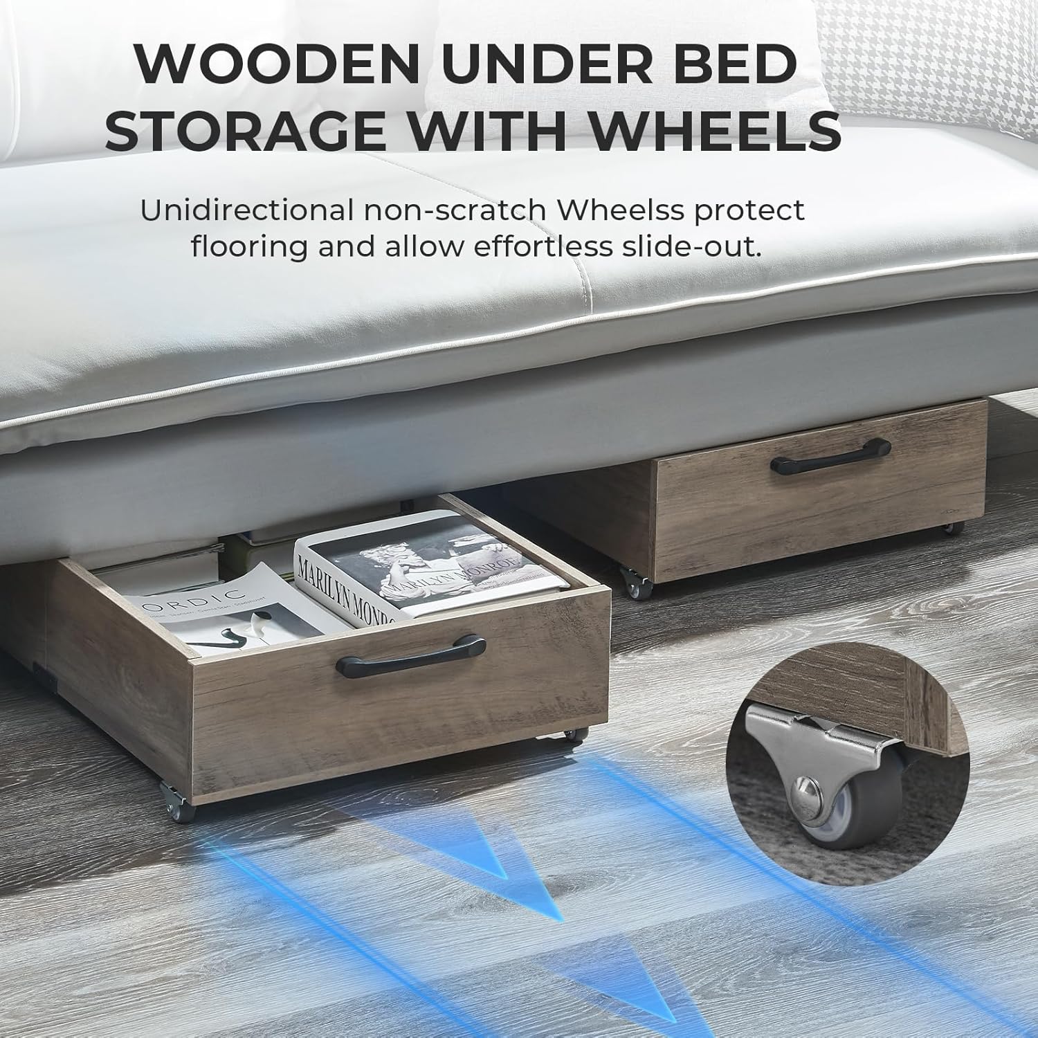 Under Bed Storage with Wheels, 2-Pack Under Bed Shoe Storage Organizer Drawer, Composite Wood Organizer for Shoes Clothes Containers in Bedroom for Clothes,Shoes(Grey)