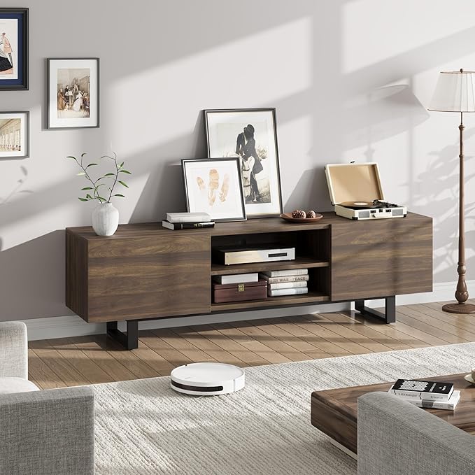 GarveeHome Industrial TV Stand for 80 in, Modern Entertainment Center with 2 Drawers, Wooden Media Cabinet with Heavy Duty Leg and Open Storage, TV Console Table for Living Room, Walnut