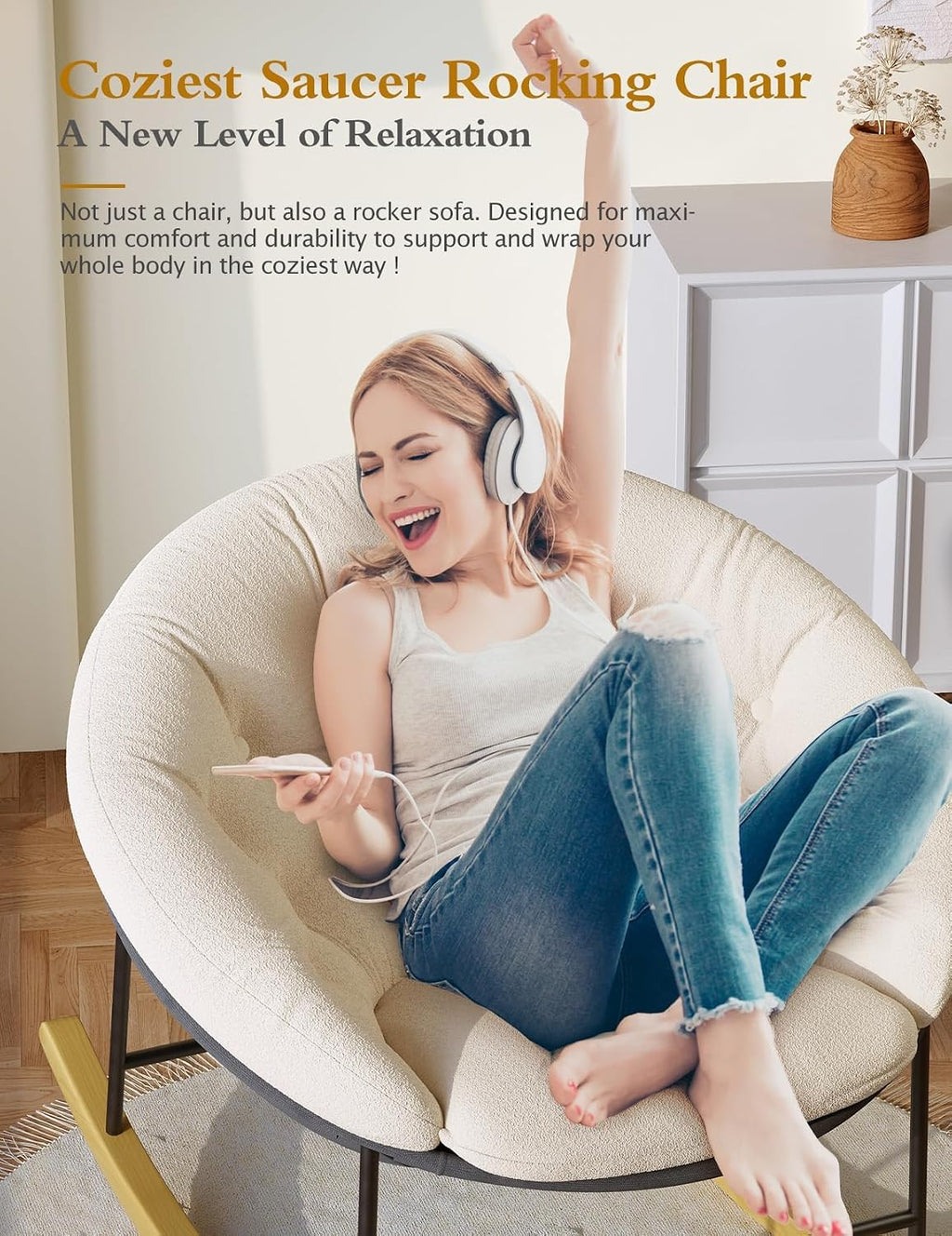 Kidirect Wide Rocking Chair Nursery, Comfy Saucer Nursery Rocking Chairs with Removable Cushion, Indoor Papasan Nursing Chair for Breastfeeding, Mecedora Para Adultos for Living Room & Bedroom (Beige)