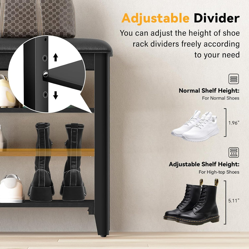 Taitiy Shoe Bench with 3 Tier Adjustable Shelves Rubberwood Entryway 47.2'' | Hallway organizer, solid wood design, removable shelves, space saving storage, perfect for front doors, family spaces