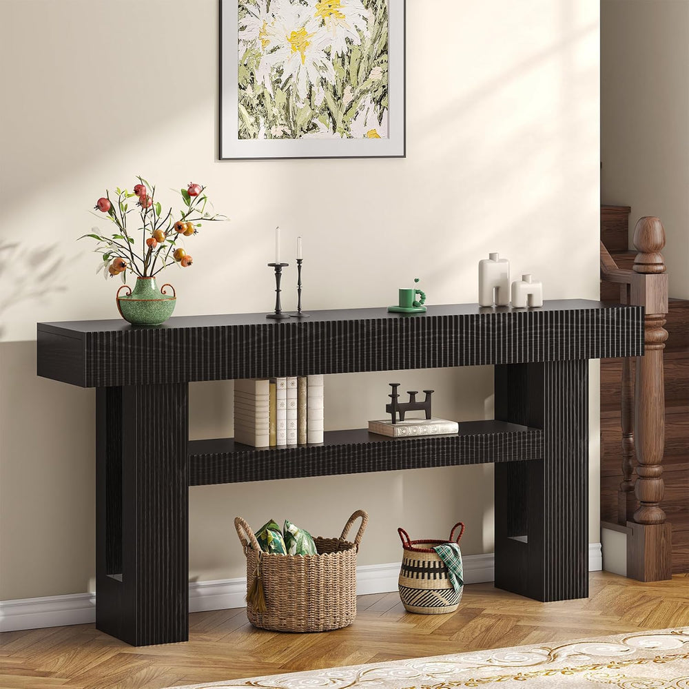 Bigbiglife 63" Fluted Console Table, Black | 2-Tier with Storage Shelves...