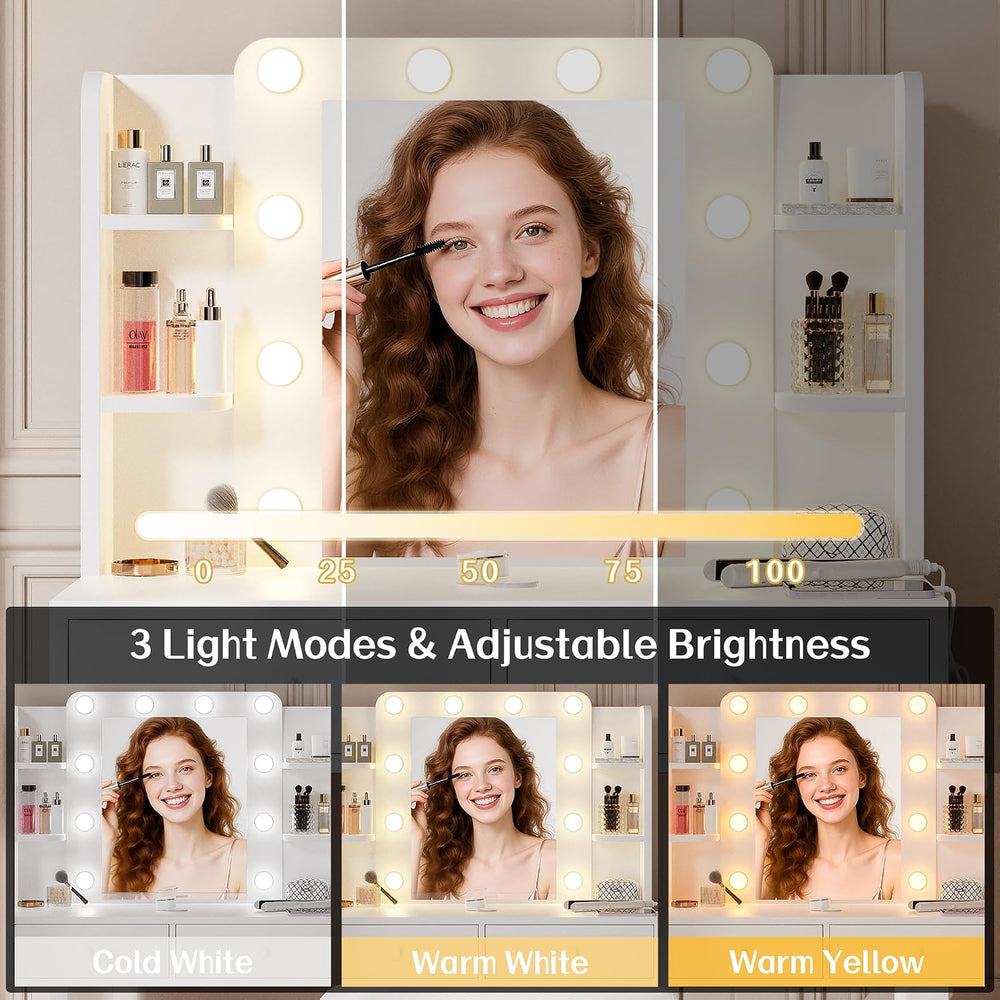 Haewon Makeup Vanity Desk with Lighted Mirror and Chair Set, White | 10 LED L...