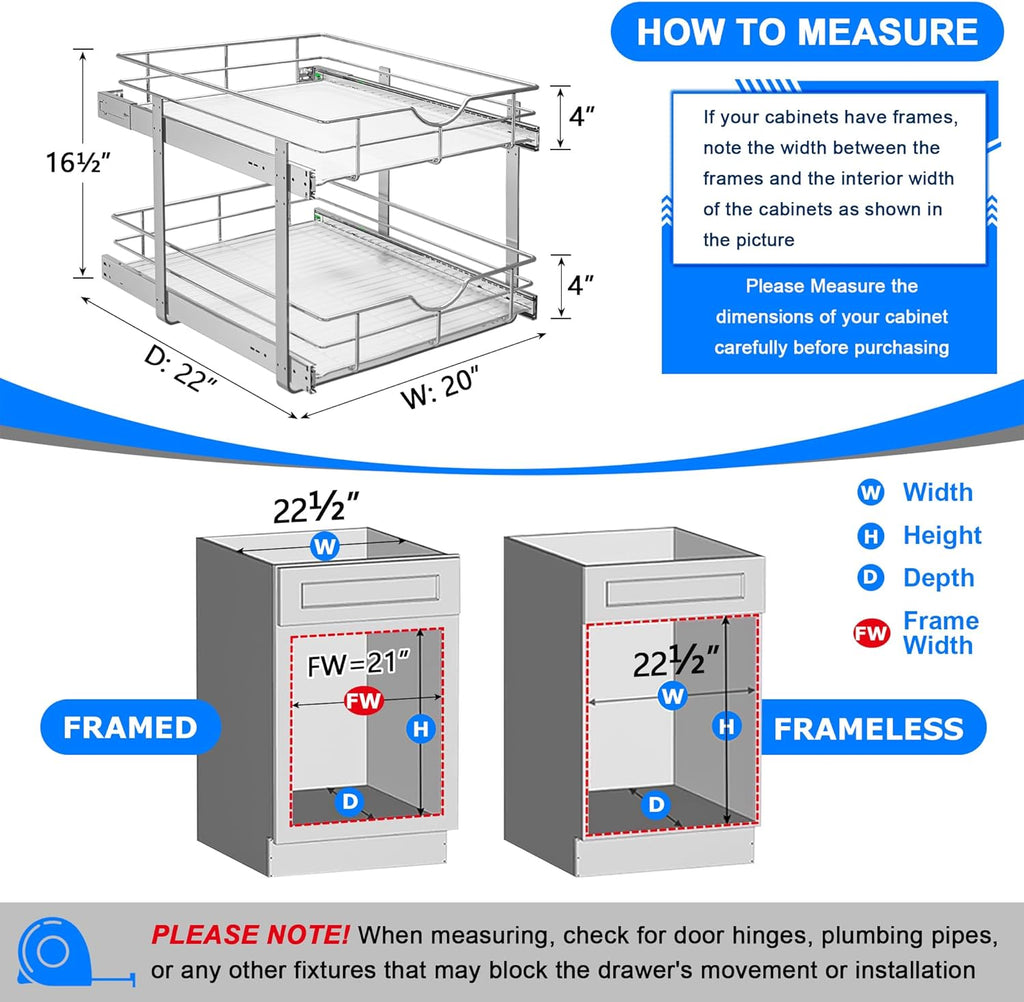 WelFurGeer 2-Tier Kitchen Cabinet Pullout Shelf and Drawer Organizer, Soft Close Pantry Pull Out Shelves, Heavy Duty Pull Out Cabinet Organizer with Shelf Liner for Kitchen Cabinets, Pantry Storage
