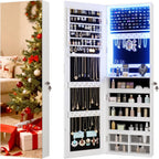 Vlsrka 47.2" LED Jewelry Mirror Cabinet, Wall/Door Mounted Jewelry Armoire Organizer with Full Length Mirror, Large Storage Hanging Cabinet, 4 Drawers, 5 Shelves, Built-in Lighted Mirror (White)