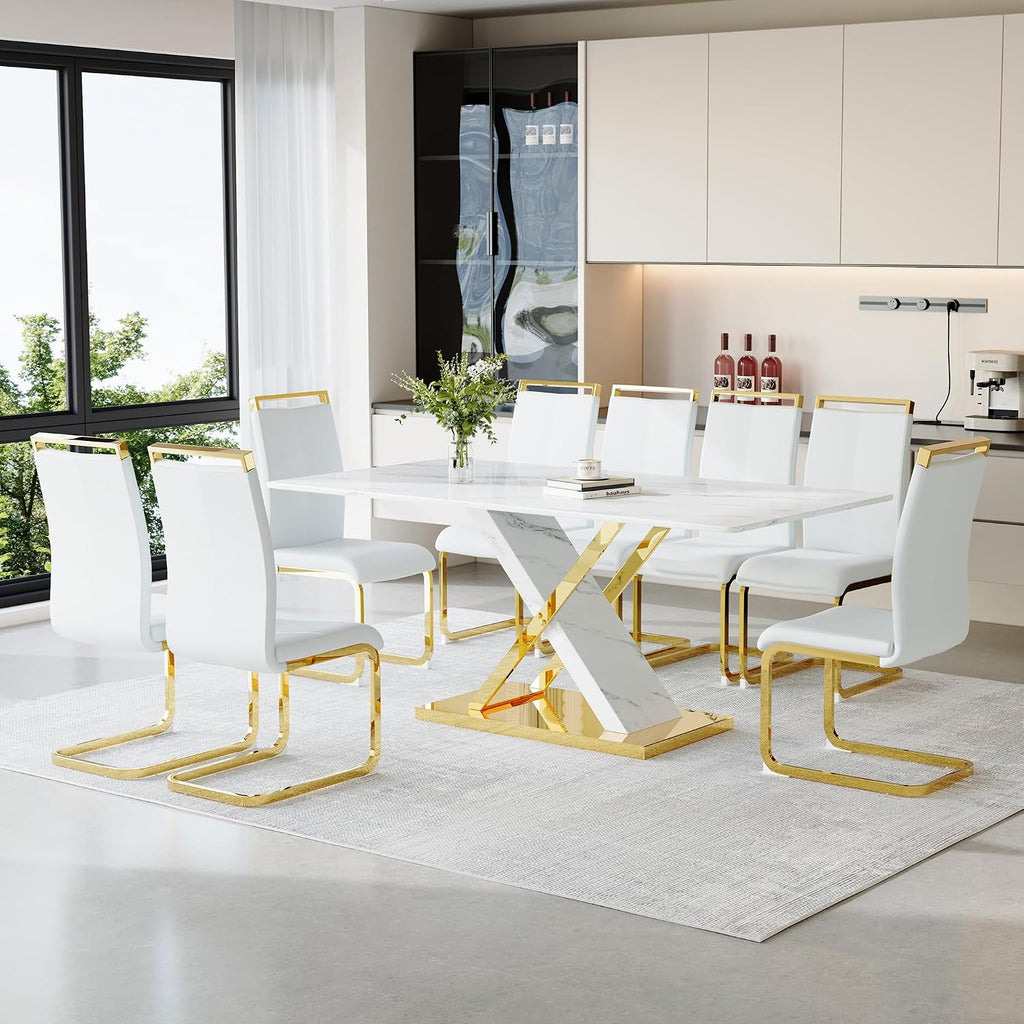 Marble Dining Table Set for 8,Modern 71''White Gold Dining Room Table with Chrome Plated XShaped Frame and White Leather Dining Chairs,Easy Assembley,Kitchen Table and Chairs for Dining Room