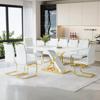 Marble Dining Table Set for 8,Modern 71''White Gold Dining Room Table with Chrome Plated XShaped Frame and White Leather Dining Chairs,Easy Assembley,Kitchen Table and Chairs for Dining Room