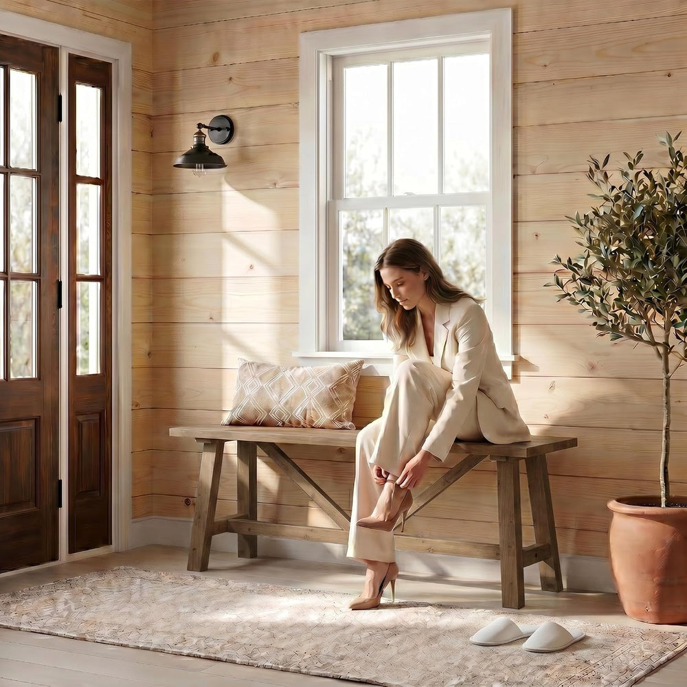 Wnutrees 43" Farmhouse Solid Wood Bench, Narrow Long Seat, Natural | Ent...