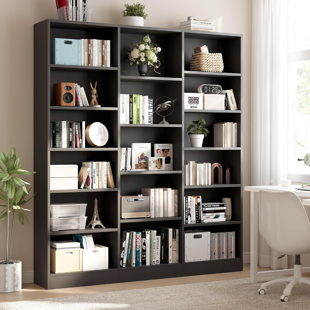 ELYKEN Triple Wide Bookshelf, Large 6 Tier Bookcase with 17 Shelves, Black