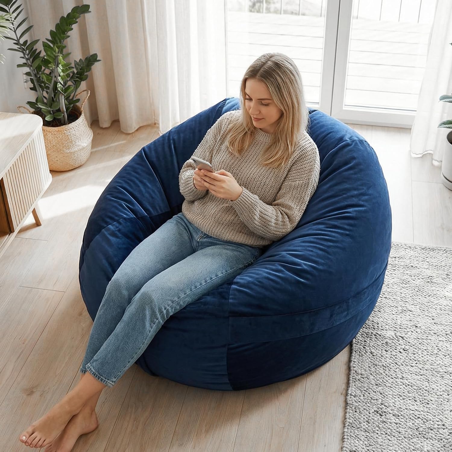 YuppieLife Large Foam Filled Bean Bag Chairs for Kids Teenagers Adults Living Room Gaming Relaxing 4F Machine Washable Lazy Sofa（Blue