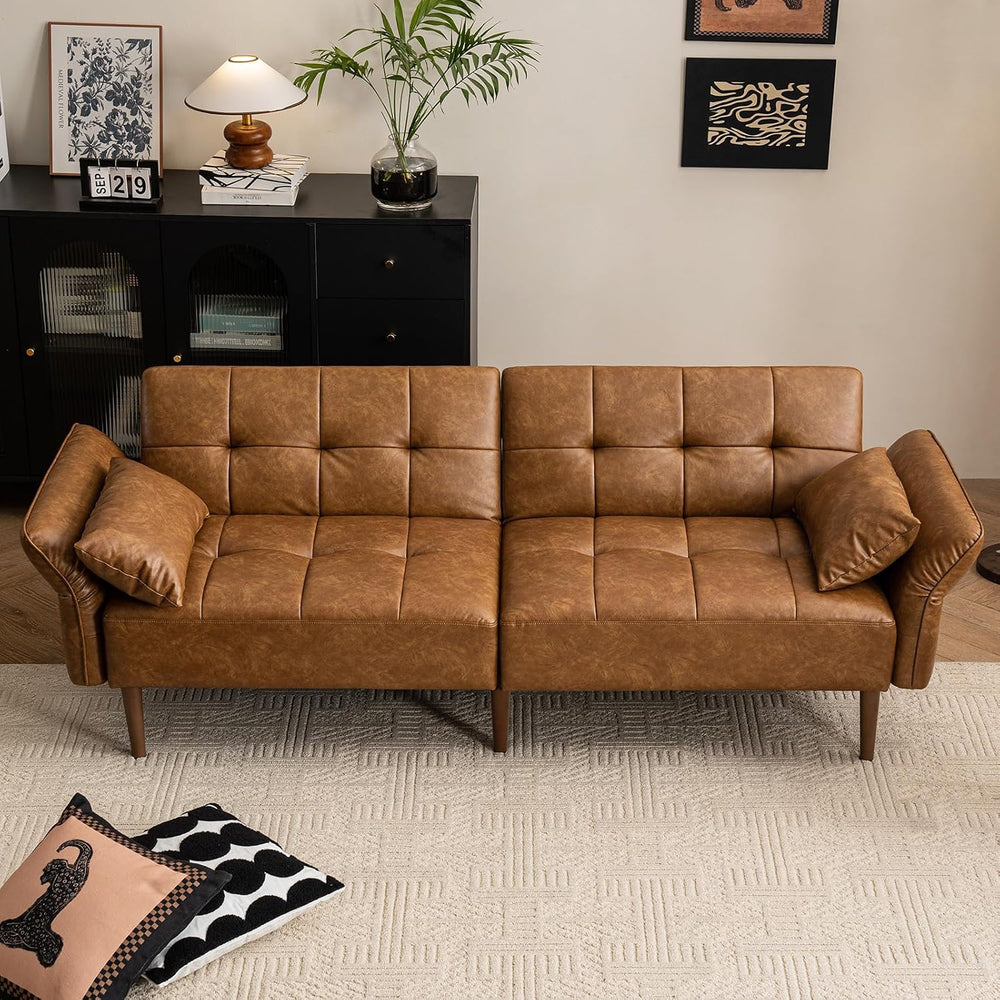 HALLYBEE 85" Futon Faux Leather Couch with Adjustable Armrests Brown | F...