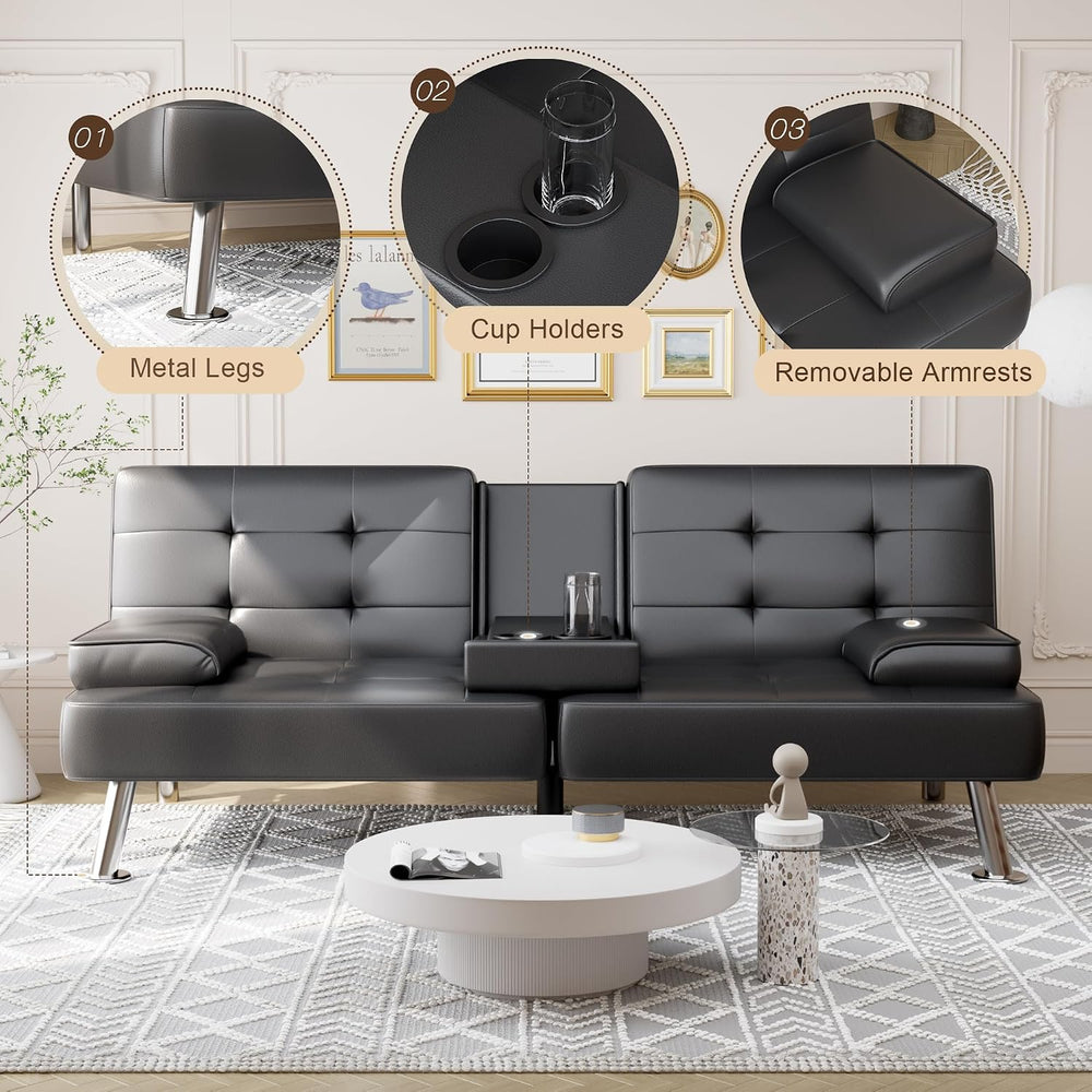 Shahoo Leather Convertible Futon Sofa Bed, Folding Sleeper Loveseat Couch | U...