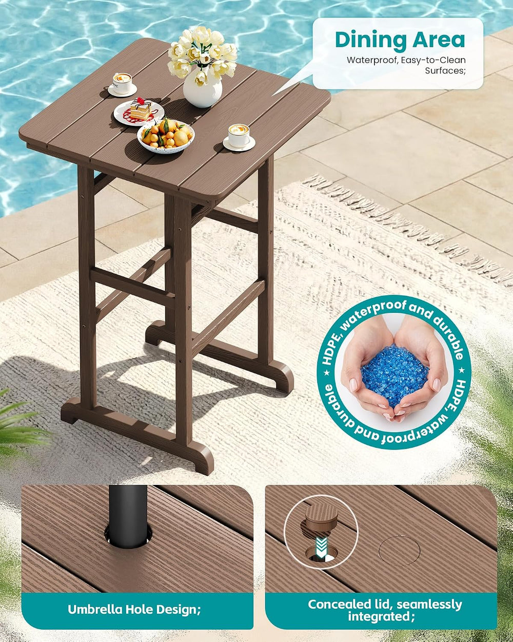 SERWALL HDPE 41.7" Bar Height Table with Umbrella Hole, Brown