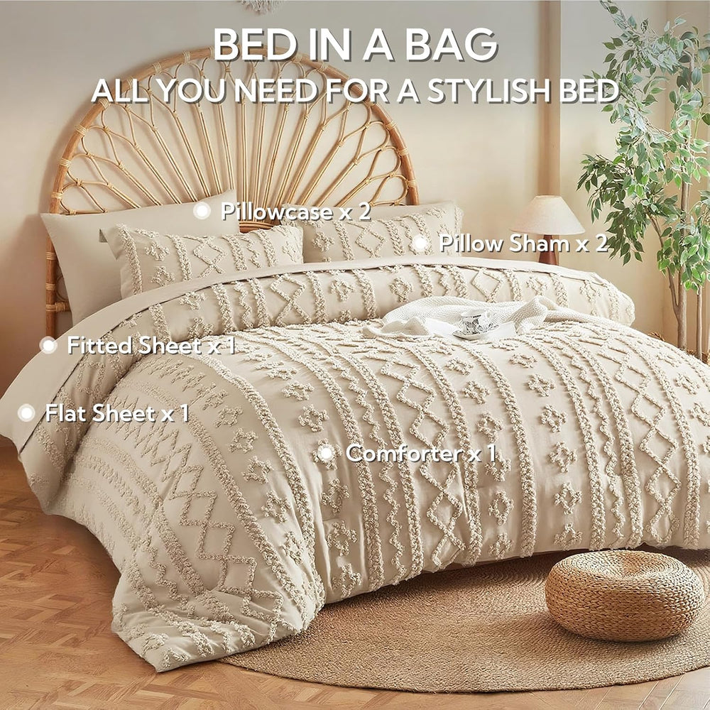 MR&HM Queen Comforter Set 7 Pieces, Fluffy Tufted Boho Beddding Set Beige