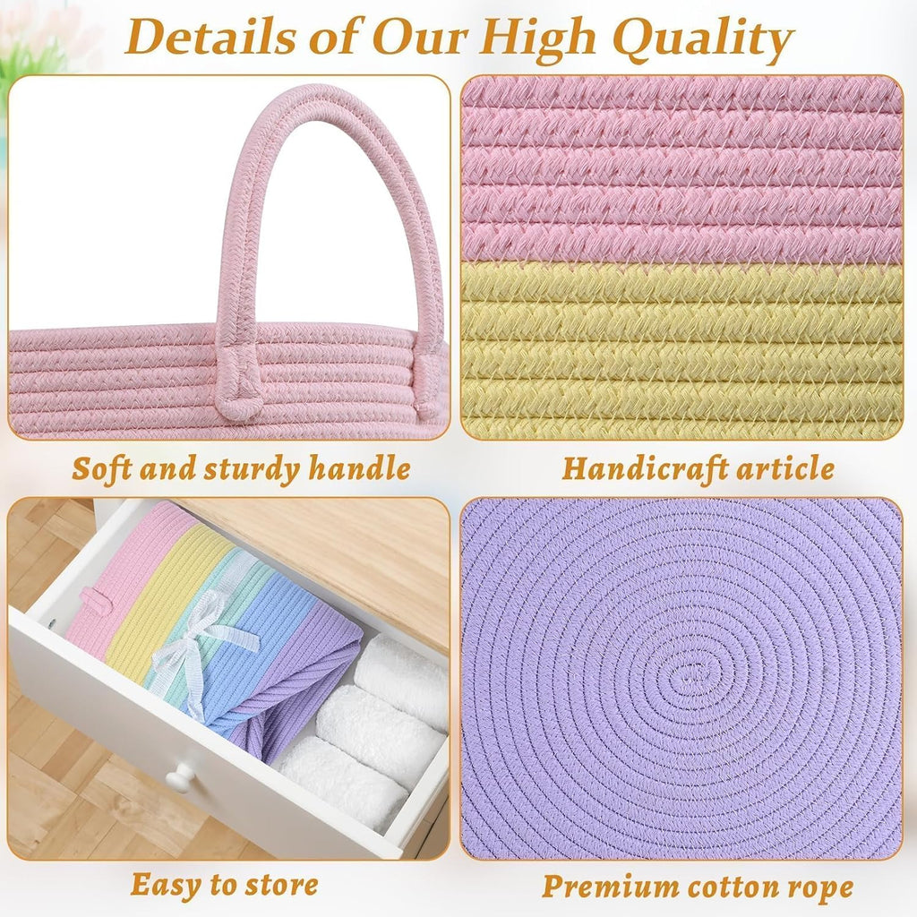 67L Large Rainbow Blanket Basket, Cotton Rope Baby Laundry Hamper with Handles, Kids Toy Basket for Classroom & Nursery, Soft Round Stuffed Animal Storage, Dog Toy Bin - 20"x13", Light Rainbow