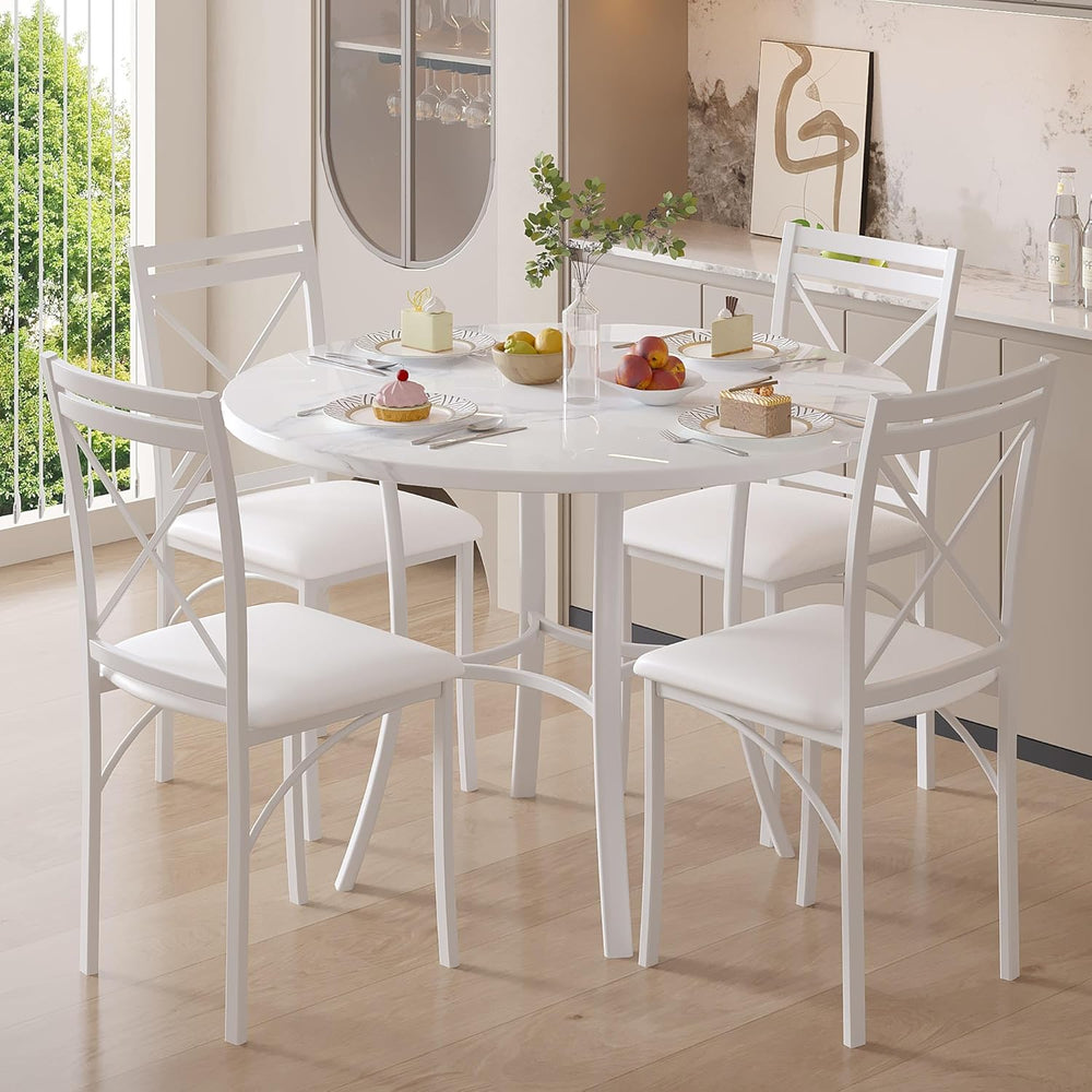 VECELO 36" Round Dining Table for 4, Faux Marble Dinette with Metal Fram...