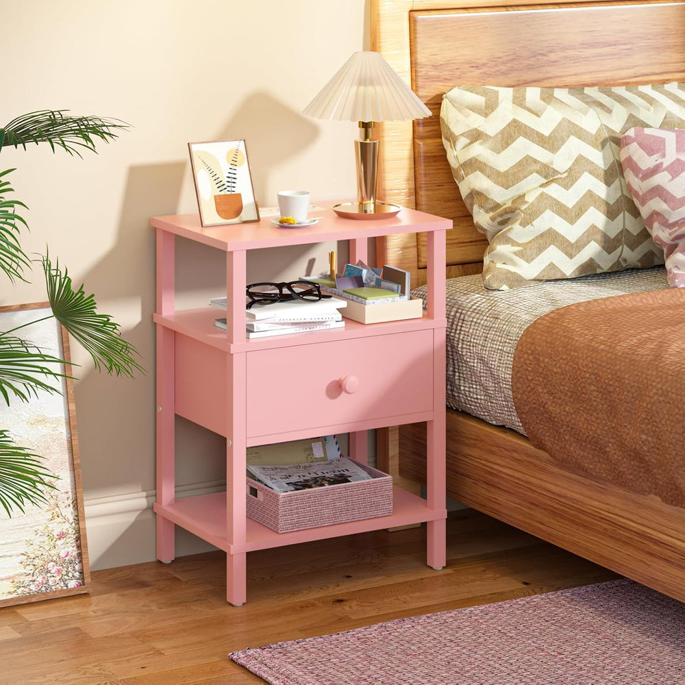 Lerliuo Nightstand with Charging Station and USB Ports, 3-Tier Storage Pink E...