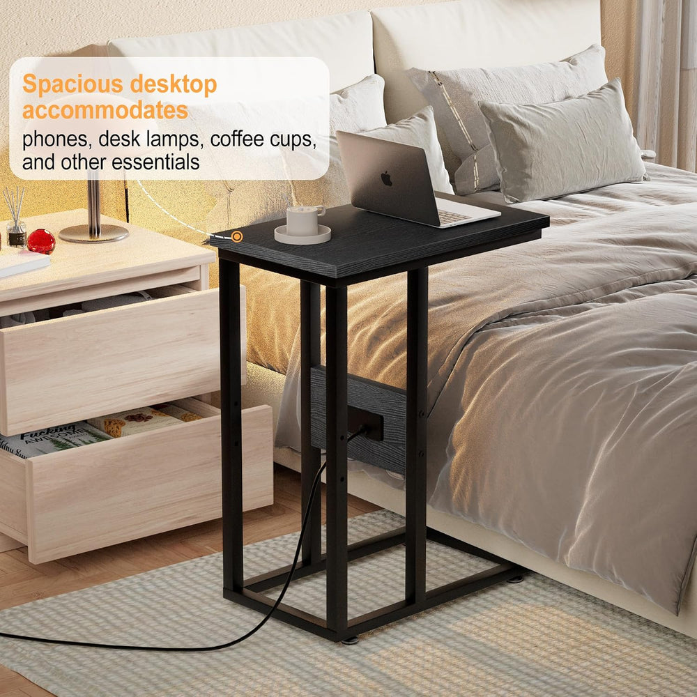 VECELO C Shaped End Table with Charging Station & Power Outlets, Quick Ac...