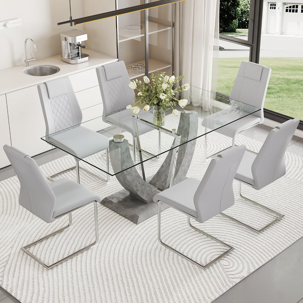 JUFU 71'' Glass Dining Table Set with 6 Light Grey PU Leather Chairs, Rectangle Kitchen Table Set Glass Dining Tabletop Modern Dinner Table Set for Kitchen, Dining Room