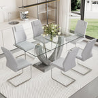 JUFU 71'' Glass Dining Table Set with 6 Light Grey PU Leather Chairs, Rectangle Kitchen Table Set Glass Dining Tabletop Modern Dinner Table Set for Kitchen, Dining Room