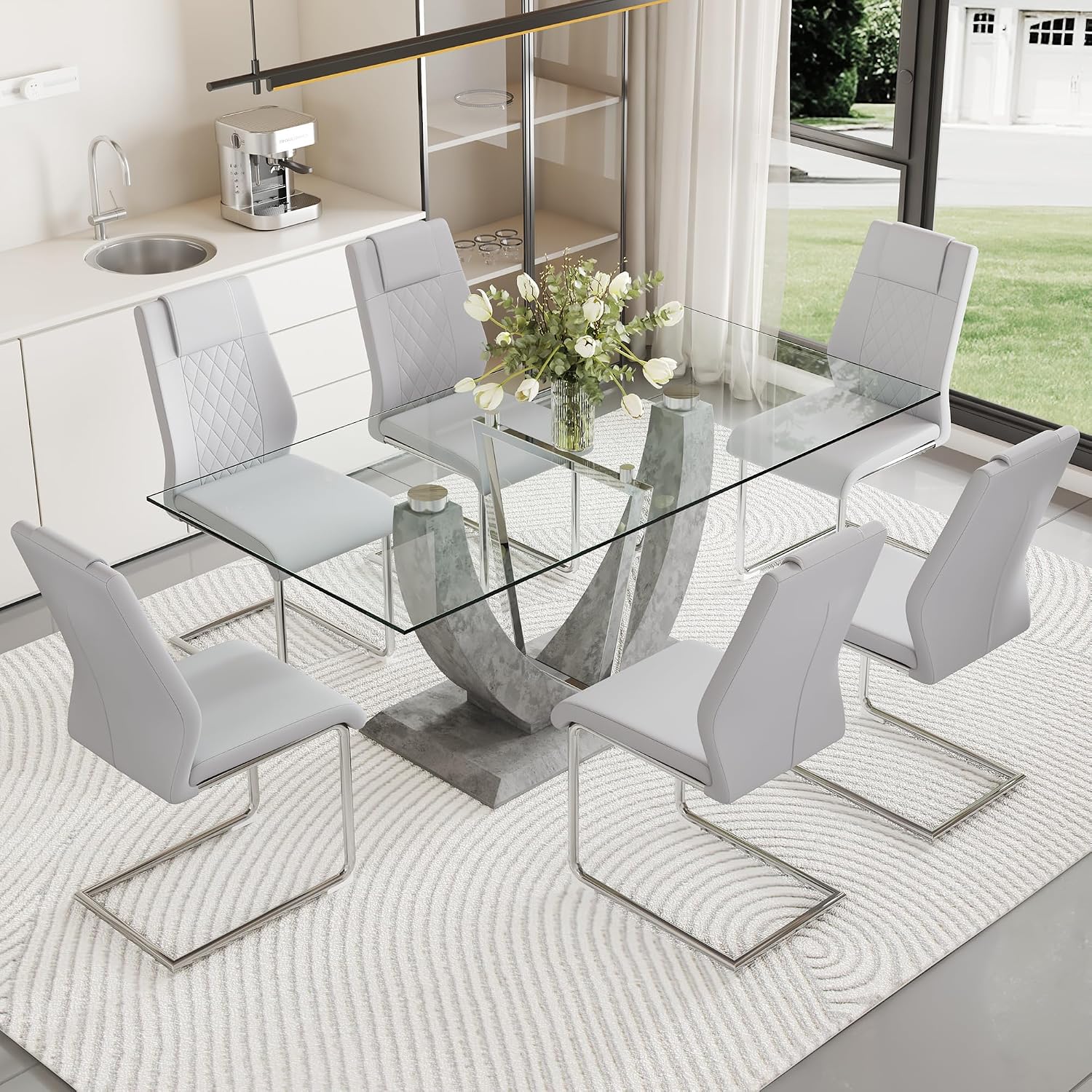 JUFU 71'' Glass Dining Table Set with 6 Light Grey PU Leather Chairs, Rectangle Kitchen Table Set Glass Dining Tabletop Modern Dinner Table Set for Kitchen, Dining Room