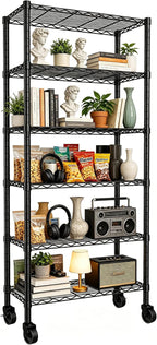 REGILLER 6-Wire Shelving Metal Storage Rack Adjustable Shelves,Standing Storage Shelf Units for Laundry Bathroom Kitchen Pantry Closet(Black,14.1" D x 30" W x 80" H,With Wheels)