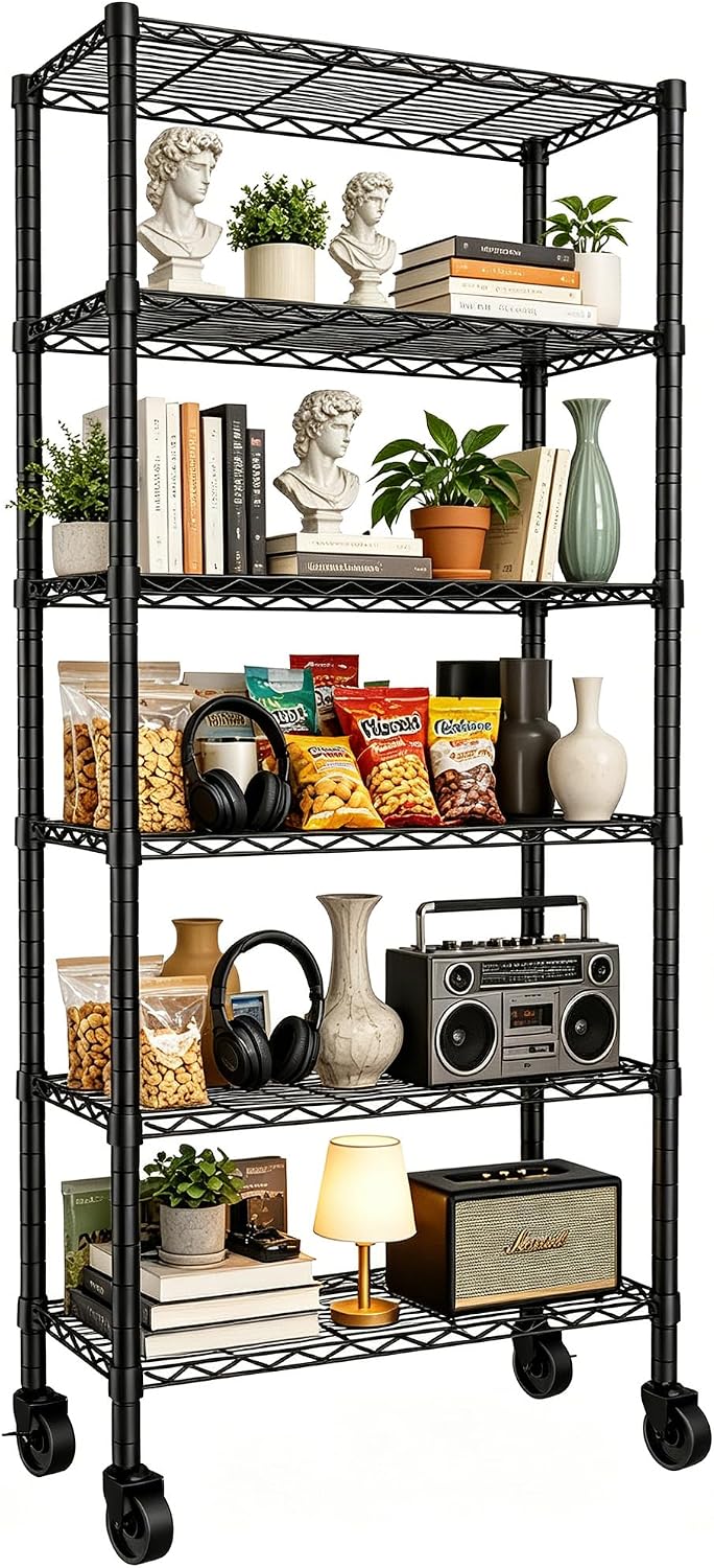 REGILLER 6-Wire Shelving Metal Storage Rack Adjustable Shelves,Standing Storage Shelf Units for Laundry Bathroom Kitchen Pantry Closet(Black,14.1" D x 30" W x 80" H,With Wheels)