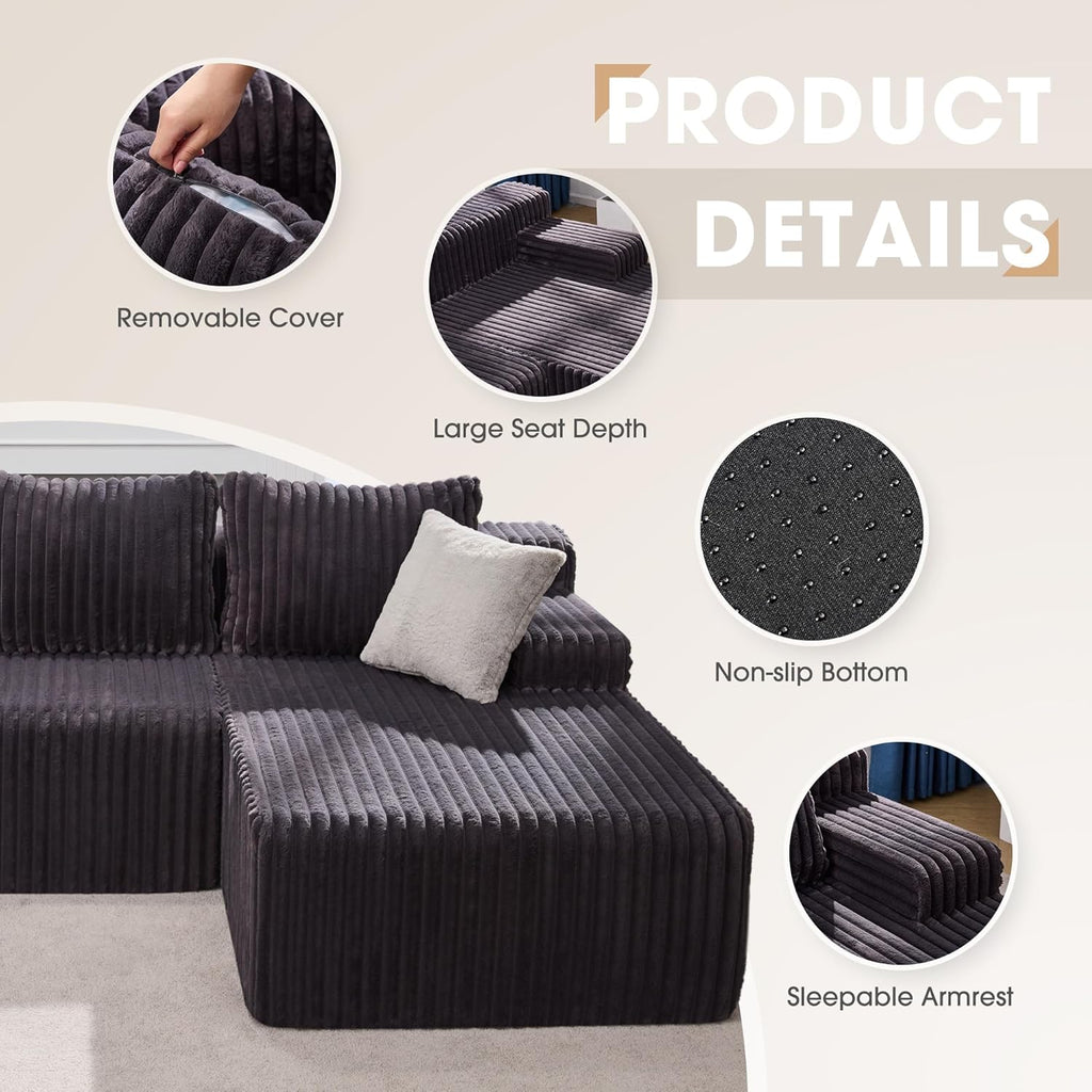 Hobestluk Boneless Couch Modular Sectional Sofa L-Shape Cloud Couch Lounge | 96" Right Facing Chaise Darkgrey,Memory Foam,Removable Cover,Non-slip Bottom,No Assemble Required,Furniture for Small Home