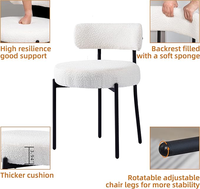 DYHOME White Boucle Dining Chairs Set of 2, Mid Century Modern Kitchen Chairs...