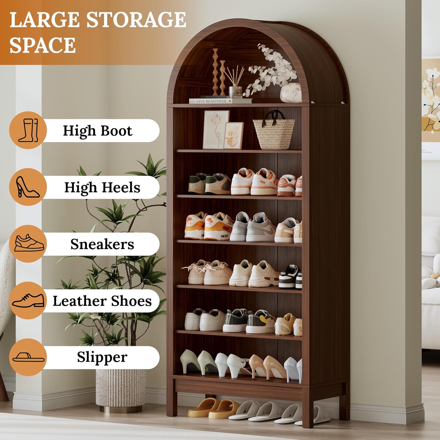 70" Tall Arched Shoe Cabinet, 7-Tier Shoe Rack with 3 Adjustable Shelves, Large Freestanding Shoe Organizer for Entryway, Closet, Hallway, Living Room (Walnut Brown)