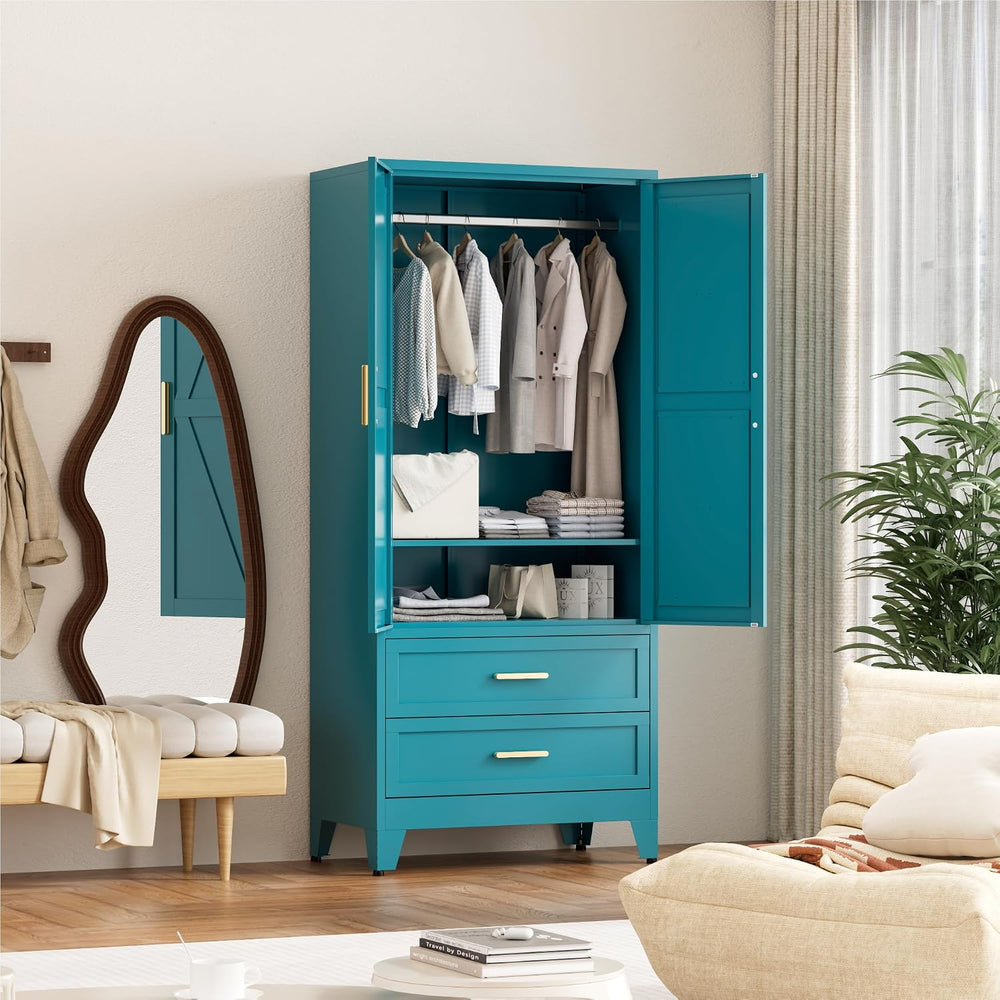 Washsemba 71'' Farmhouse Metal Wardrobe Cabinet with Hanging Rod, 2 B...