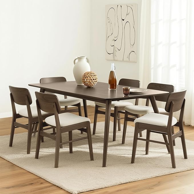 Wooden Dining Chairs Set of 6, Upholstered Modern Dining Room Chairs, Mid Century Oak Kitchen Chairs with Ergonomic Wood Backrest for Farmhouse, Restaurant, Café (Cream Fabric & Walnut Color)