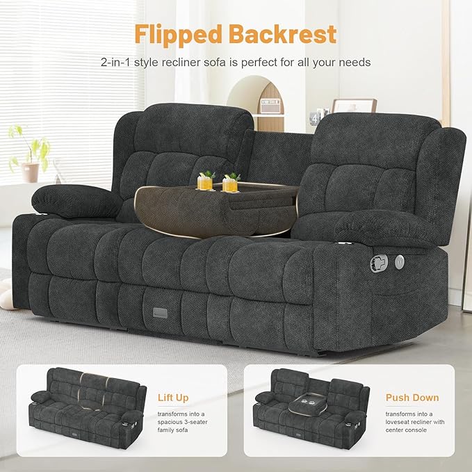 Loveseat Recliner Sofa, Flip Middle Backrest Design 3 Seat Reclining Sofa with Storage Drawer, USB Ports & Cup Holders, Manual Couch for Living Room/RV (New Gray)