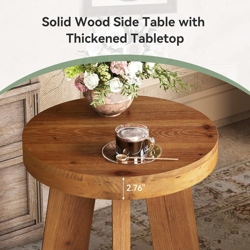 Round Side Table, Farmhouse Solid Wood End Table for Couch, Mid Century Moder...