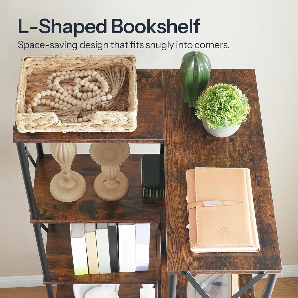 HOOBRO Corner Bookshelf, 5-Tier L-Shaped Bookcase, Industrial Open Display Sh...