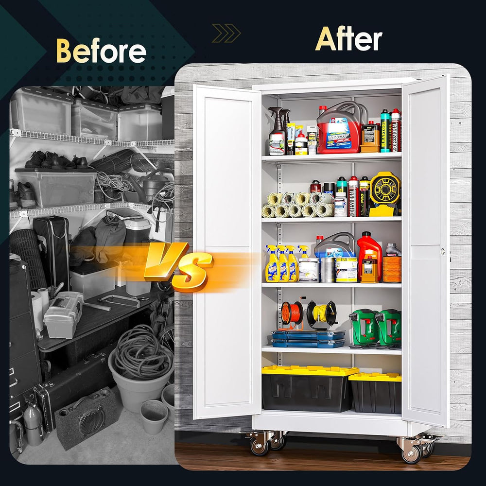 PAOFIN 71''H Tall Metal Garage Storage Cabinet with Wheels,Steel File...